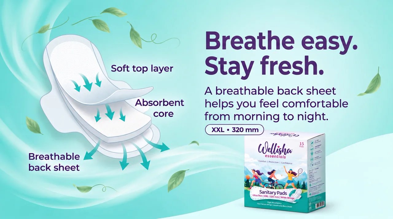 Pad layers: soft top layer, absorbent core, breathable back sheet